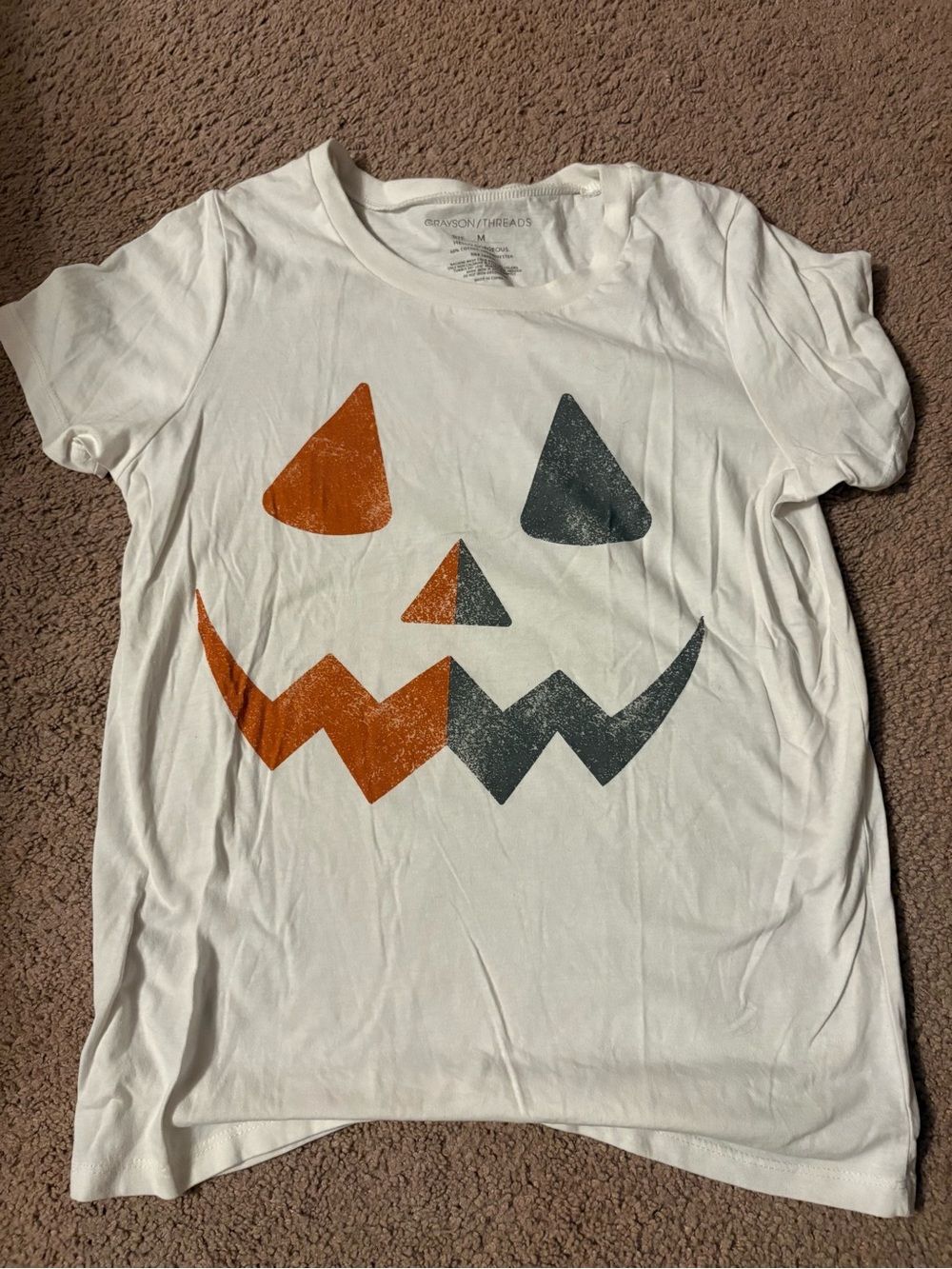 Womens White Halloween Jack-O'-Lantern Graphic Tee - Orange & Gray